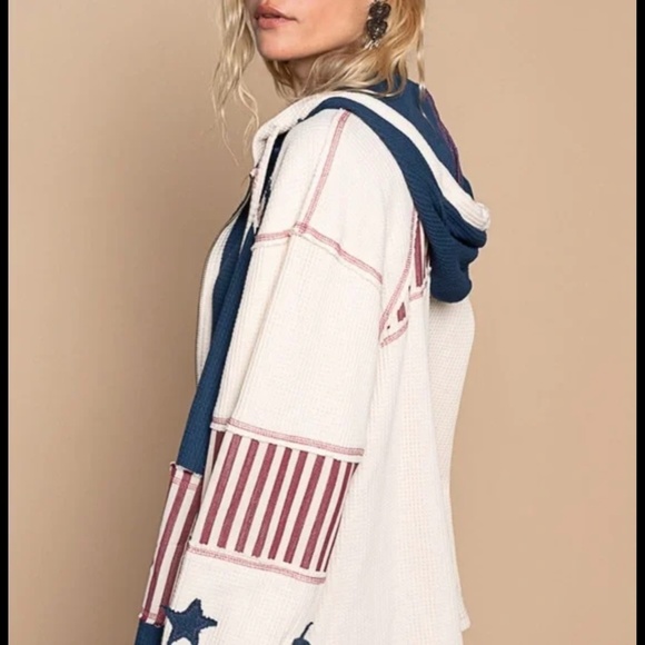 New POL Patriotic Patchwork Star Zip Up Hoodie with Stripes - Picture 4 of 7